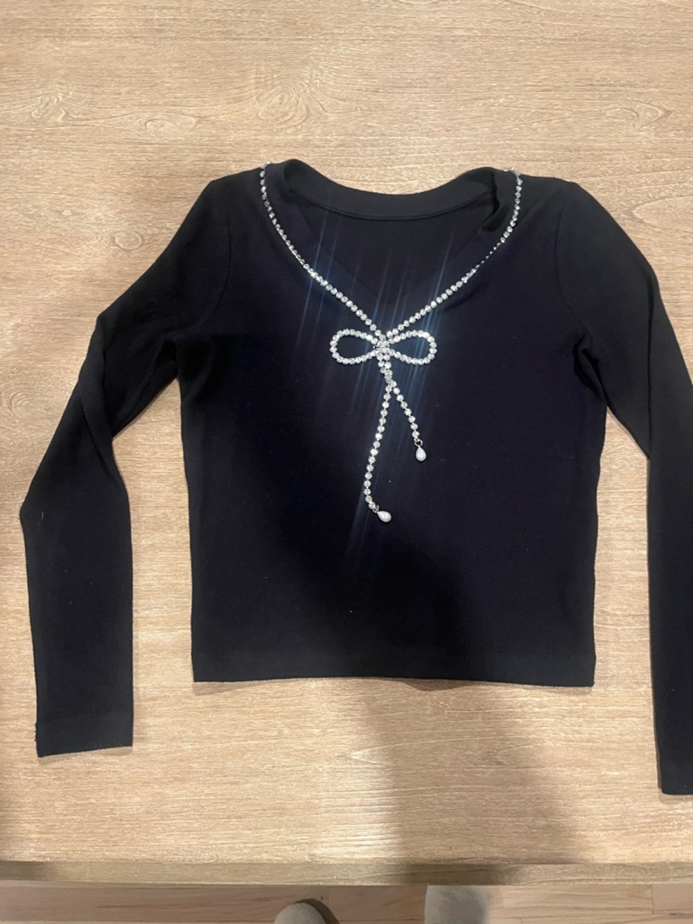 LOFT Black Long-Sleeve Tee with Rhinestone Bow Accent